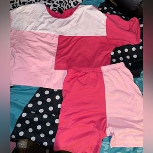 Pink & White Color Block Short Set